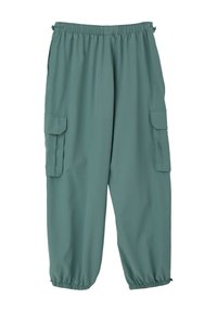Cargo-Hosen aus salbeigrünem Stoff, mit einem elastischen Taillenbund, elastischen Bündchen und zwei seitlichen Cargo-Taschen. Insgesamt glatte Textur.