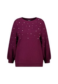 Pruimkleurige langmouwtrui met ronde halslijn, versierd met verspreide kleine parelachtige kraaltjes aan de voorkant en mouwen.