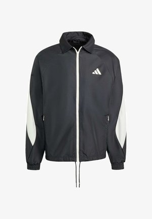 Black windbreaker jacket with a white zipper and logo, features white side accents, elastic cuffs, and drawstring hem. Lightweight material.