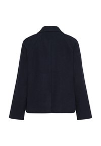 Jūrinė vilnos mišinio striukė su pritaikytu apykakle, raglaninėmis rankovėmis ir tiesiu siluetu. Lygus paviršius su minimalistiniu dizainu, be matomų užsegimų.