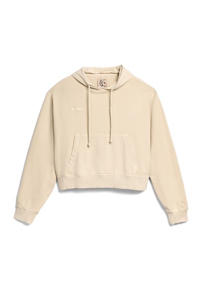 Hoodie cropped beige en coton doux, avec une poche kangourou à l'avant, une capuche avec cordon de serrage et des poignets côtelés. Détail de logo subtil sur la poitrine.