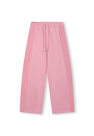 Pantalones de chándal rosas hechos de una tela suave, con un ajuste holgado, cintura con cordón, dos bolsillos laterales y paneles laterales en contraste.