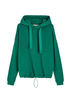 Zielona, oversize'owa bluza z kapturem z regulowanym sznurkiem, długimi rękawami i regulowanym sznurkiem u dołu, na białym tle.