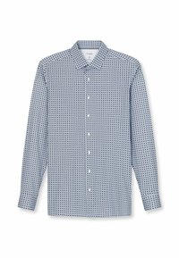 Langärmliges Hemd in Blau und Weiß mit einem Button-Down-Kragen, das ein geometrisches Design und eine normale Passform aufweist. Hergestellt aus leichtem Stoff.