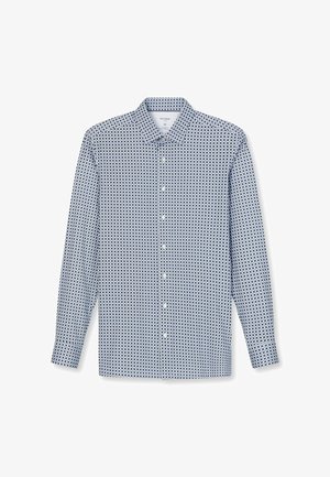 Langärmliges Hemd in Blau und Weiß mit einem Button-Down-Kragen, das ein geometrisches Design und eine normale Passform aufweist. Hergestellt aus leichtem Stoff.