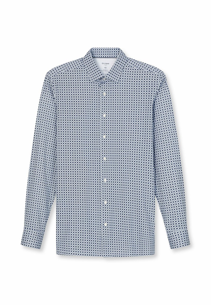Langärmliges Hemd in Blau und Weiß mit einem Button-Down-Kragen, das ein geometrisches Design und eine normale Passform aufweist. Hergestellt aus leichtem Stoff.