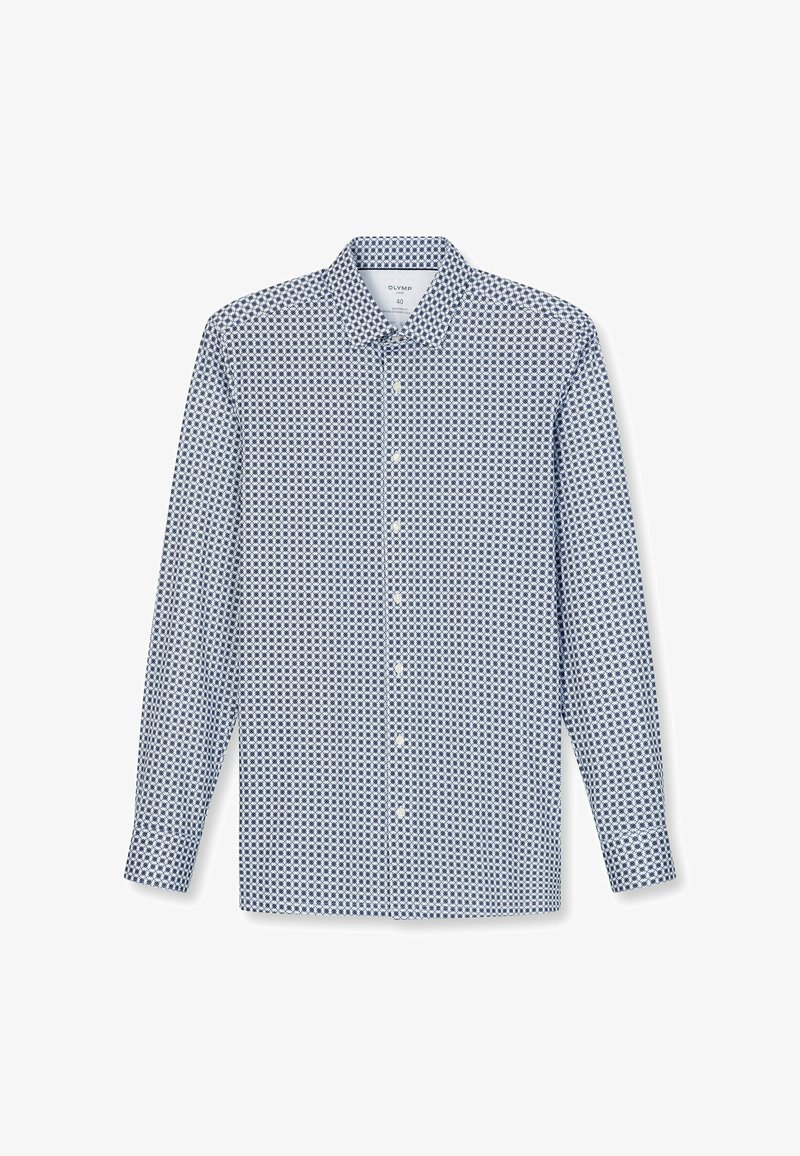 Langärmliges Hemd in Blau und Weiß mit einem Button-Down-Kragen, das ein geometrisches Design und eine normale Passform aufweist. Hergestellt aus leichtem Stoff.