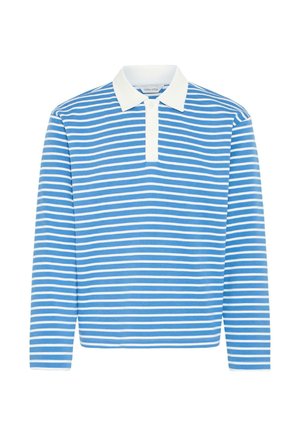 Stripet langermet poloshorte i lyseblått og hvitt, med hvit krage og to-knappers stolpe, laget av mykt stoff.