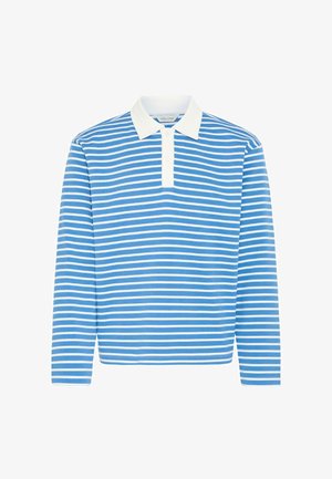 Paski koszulka polo z długim rękawem w kolorze jasnoniebieskim i białym, z białym kołnierzykiem i plisą na dwa guziki, wykonana z miękkiego materiału.