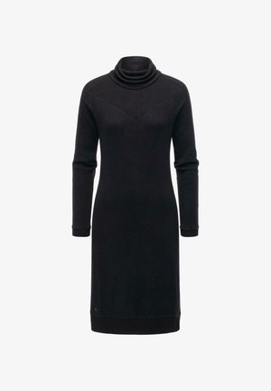 Abito nero a maglia con collo alto a cappa, maniche lunghe, texture a coste sulle spalle e vita aderente, caratterizzato da un taglio dritto e orlo.