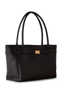 Black leather tote bag featuring two long handles, a rectangular shape, gold hardware accents, and a textured finish.