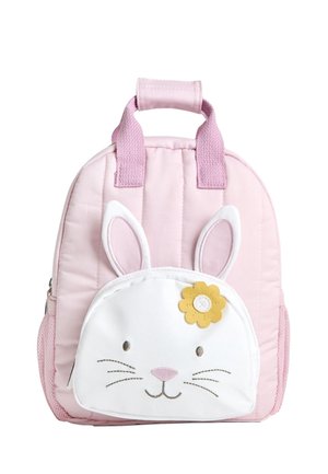 Roze kinderrugzak met konijnen gezicht, oren, snorharen en een gele bloemdecoratie op het voorvak.