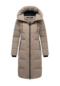 Beige gewatteerde parka met een capuchon, voorzien van een front rits, zijzakken, elastische mouwen en zwarte accenten langs de rits en zakken.