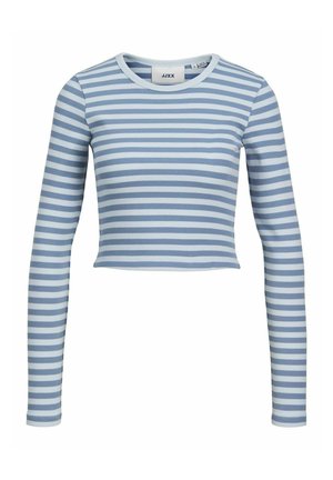 Camiseta corta de manga larga a rayas azules y blancas. Textura acanalada con escote redondo. Diseño ajustado, material ligero.