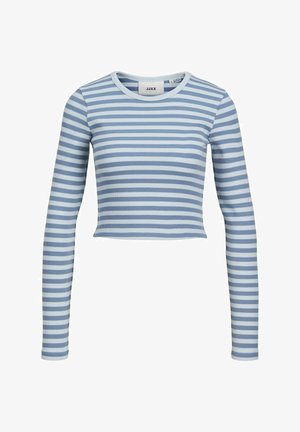 Blue and white striped long-sleeve crop top. Ribbed texture with a round neckline. Fitted design, lightweight material.