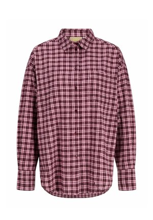 Raudona ir rožinė languota mygtukinė palaidinė su ilgomis rankovėmis, standartiniu apykakliu ir kišene kairėje krūtinės pusėje. Minkštos audinio tekstūros.