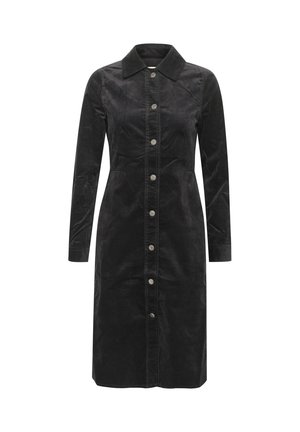 Abito in corduroy nero con maniche lunghe, colletto e chiusura con bottoni frontali. Presenta una silhouette dritta e un tessuto testurizzato.