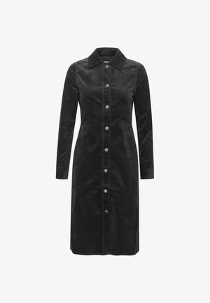 Black corduroy dress with long sleeves, collar, and front button closure. Features a straight silhouette and textured fabric.