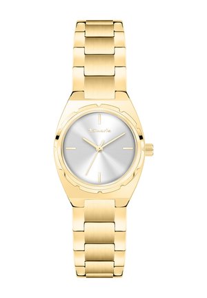 Montre dorée avec un bracelet en métal poli, dotée d'un cadran argenté rond et de marqueurs horaires minimalistes. Texture lisse avec un design épuré.