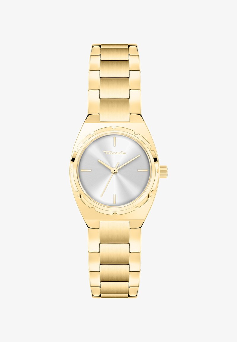 Guldtonet ur med en poleret metalrem, som har en rund sølvskive og minimalistiske timemarkeringer. Glat overflade med et slankt design.