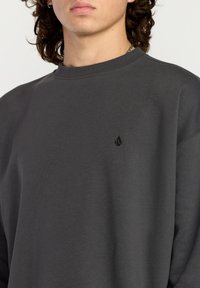 Gray sweatshirt with a round neckline and long sleeves. Features a small black logo on the chest. Soft texture and relaxed fit.