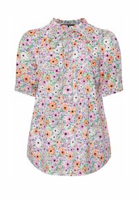 Blommig blus i lätt tyg med korta ärmar, rynkad halsringning och en blandning av orange, rosa och gröna blommönster.