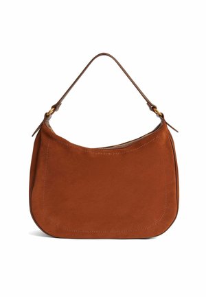 Brown suede handbag with a curved shape, featuring a single shoulder strap and a subtle stitching detail along the edge.