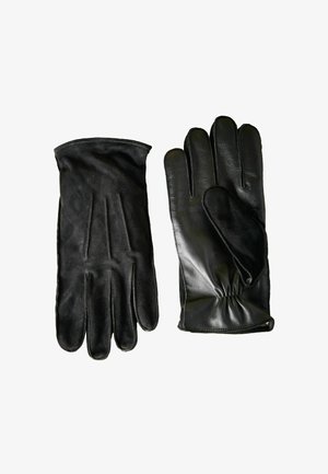 Fekete bőr kesztyű sima felülettel, redőzött csukló résszel és elegáns dizájnnal. A bal kesztyű puha, texturált felülettel rendelkezik.