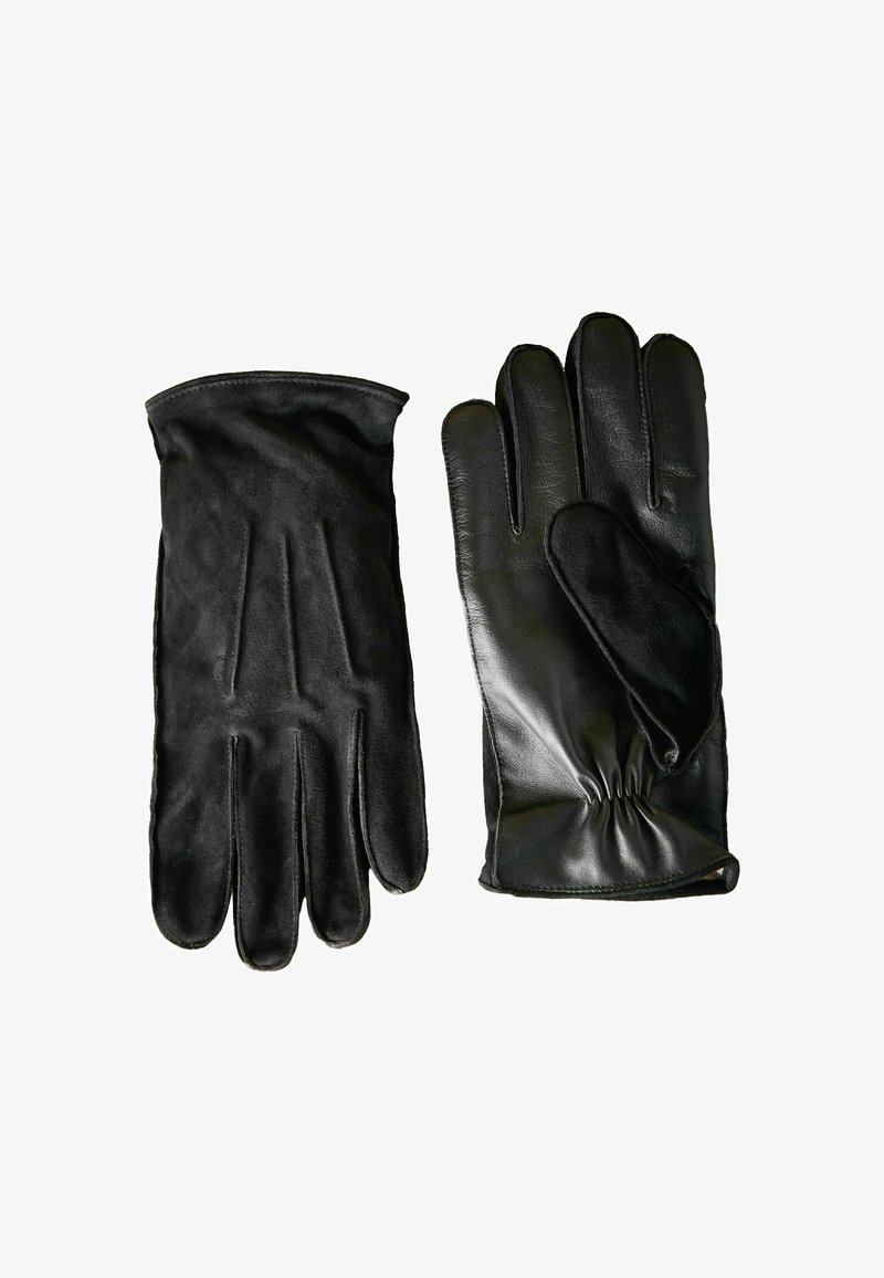 Schwarze Lederhandschuhe mit glatter Oberfläche, gerafftem Handgelenk und schlankem Design. Der linke Handschuh hat eine weiche, strukturierte Oberfläche.