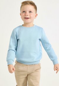 Ljusblå sweatshirt med rund hals och långa ärmar, gjord av mjukt tyg. Utformad med ribbade muddar och midja, bärs tillsammans med beige byxor.
