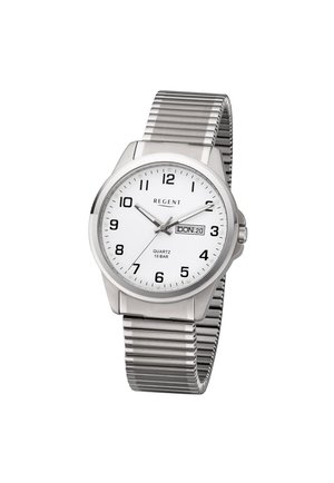 Silberne Regent-Armbanduhr mit weißem Zifferblatt, schwarzen Zahlen, Tages- und Datumsanzeige auf Donnerstag, den 20., und geriffeltem, dehnbarem Metallarmband.