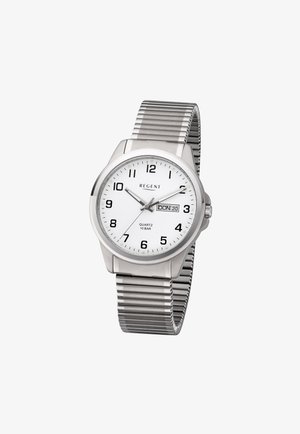 Montre-bracelet Silver Regent avec cadran blanc, chiffres noirs, affichage jour-date réglé sur jeudi 20, et bracelet métallique extensible rainuré.