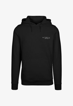 Fekete kapucnis pulóver elülső zsebbel, húzózsinórral és fehér "BUTTERFLY EFFECT" logóval a bal mellkasi részen. Puha szövetanyag.