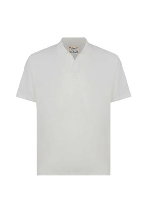 Polo shirt bianco a maniche corte con colletto classico e patta. Tessuto di cotone liscio, con un design minimalista. Dettaglio di cucitura testurizzata.
