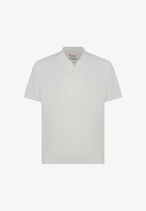 Biała koszulka polo z krótkim rękawem, z klasycznym kołnierzykiem i listwą guzikową. Gładki materiał bawełniany, cechujący się minimalistycznym wzornictwem. Szczegóły pikowania.