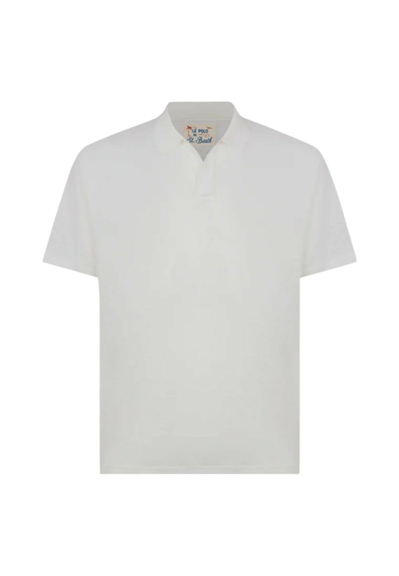 Polo shirt bianco a maniche corte con colletto classico e patta. Tessuto di cotone liscio, con un design minimalista. Dettaglio di cucitura testurizzata.