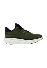 Scarpa sportiva verde con tomaia in maglia testurizzata, dettagli neri e una suola bianca spessa progettata per comfort e supporto.
