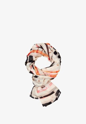Leichter Schal in Beige mit abstrakten Mustern in Schwarz und Orange. Texturiertem Stoff mit weicher, fallender Form. Logo sichtbar.