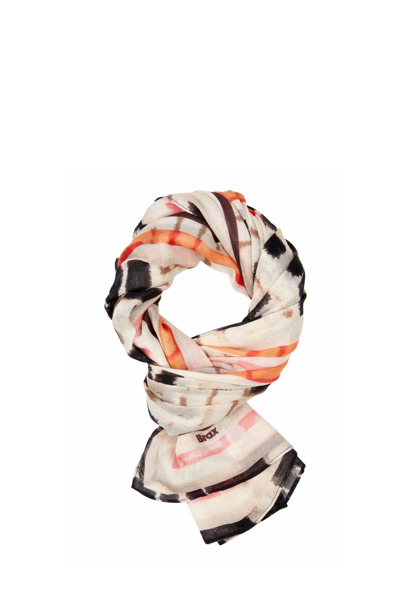 Leichter Schal in Beige mit abstrakten Mustern in Schwarz und Orange. Texturiertem Stoff mit weicher, fallender Form. Logo sichtbar.