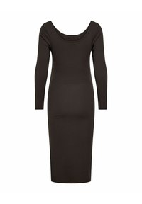 Abito aderente a maniche lunghe in tessuto costine marrone scuro, con scollatura ampia a giro e orlo al ginocchio.