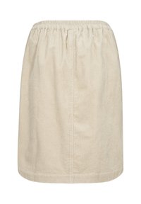 Jupe en velours côtelé beige avec une taille élastique, présentant une texture côtelée verticale et une coupe droite, s'arrêtant juste au-dessus du genou.