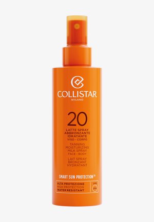 Spray lait hydratant autobronzant Collistar orange SPF 20 pour le visage et le corps, résistant à l'eau avec une haute protection UVA et UVB.