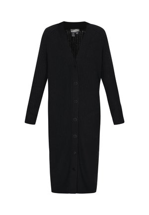 Cardigan lungo nero realizzato in tessuto a coste, con scollatura a V, chiusura con bottoni e maniche lunghe. Tessuto liscio senza motivi.