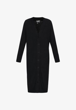 Crna dugački kardigan od rebrastog materijala, sa V-izrezom, prednjim zatvaranjem na dugmad i dugim rukavima. Glatka tekstura bez uzoraka.