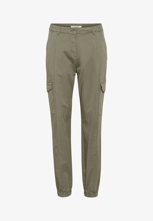 Pantalones cargo verde oliva con cintura elástica y puños en los tobillos, que cuentan con dos bolsillos laterales y una textura de tela suave y lisa.