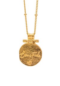 Guldkedja med en rund, texturerad medaljong med "Borsa Fidle" ingraverat. Länkdesign med små runda detaljer.