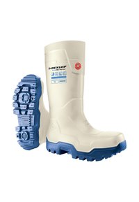 White and blue Dunlop FieldPRO Thermo+ waterproof work boots, showing side and sole with deep treads and branding details.