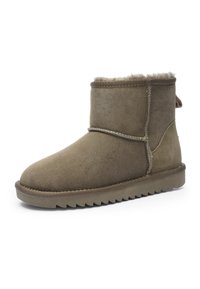 Brown suede ankle boot with shearling lining, round toe, stitched seams, and ridged sole, designed for cold weather.