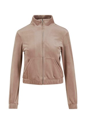 Pink zip-up jacket in soft fabric with a high collar. Features front pockets and ribbed cuffs, creating a fitted silhouette.