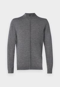 Šedá zipová svetr s vysokým límcem, dlouhými rukávy, žebrovaným lemem a texturovanou tkaninou pro teplo a pohodlí.